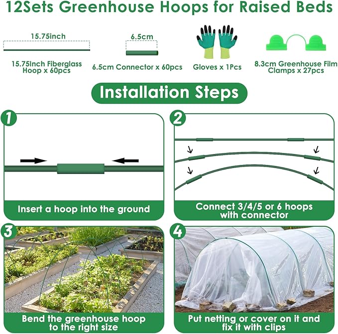 60 Pcs Garden Hoops for Raised Beds, 12 Sets Greenhouse Hoops Grow Tunnel Rust-Free Fiberglass Hoop House Kit, Plant Support Garden Stakes Hoops Frame for Netting Shade Cloth Row Cover Garden Supplies