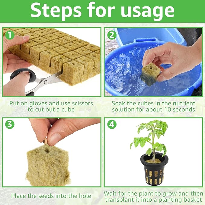 1.5inch Hydroponics Cubes, 72 Set Cubes with 72 Net Cups 30 Label, Good Absorption Hydroponics Mesh Net Cup Kit for Hydroponics Soilless Cultivation Seedlings Cuttings Clone Plants