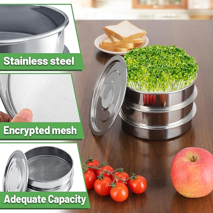 Stainless Steel Seed Sprouting Kit - 3-tier Microgreens Growing Tray 6in Dia, Stackable Round Seed Sprouter Maker with Encrypted Mesh, Sprouts Grower for Beans Broccoli Alfalfa Seeds Wheat Grass