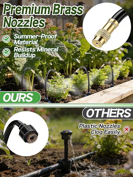 49ft Drip Irrigation System Kit - Includes 15pcs 360° Adjustable Sprayers, 5/16" PE Tubing, 1/2" & 3/4" Faucet Adapters, Automatic Garden Watering Sprinkler System for Raised Bed Plants Lawn