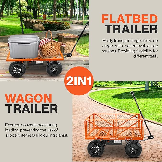 SuperHandy Electric-Assist Garden Cart - 5.7 Cubic Ft Utility Wagon, 440lbs Load, All-Terrain 10in Wheels, Anti-Rust Steel Frame, Convertible Flatbed Design