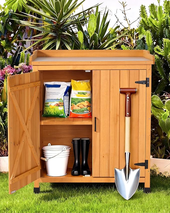 Outdoor Potting Bench with Metal Work Top,Waterproof Garden Storage Cabinet,Wooden Tool Station Shed for Backyard,Patio,Lawn Gardening