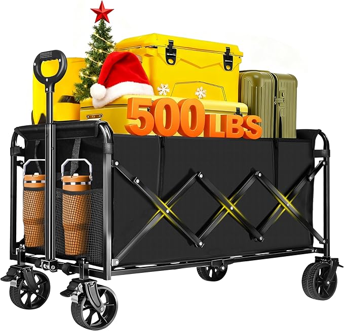 500LBS Collapsible Foldable Wagon Carts - 230L Large Collapsible Wagon Cart with 360° Swivel Brakes Wheels, Portable Utility Lightweight Folding Cart for Camping Shopping Garden & Fish