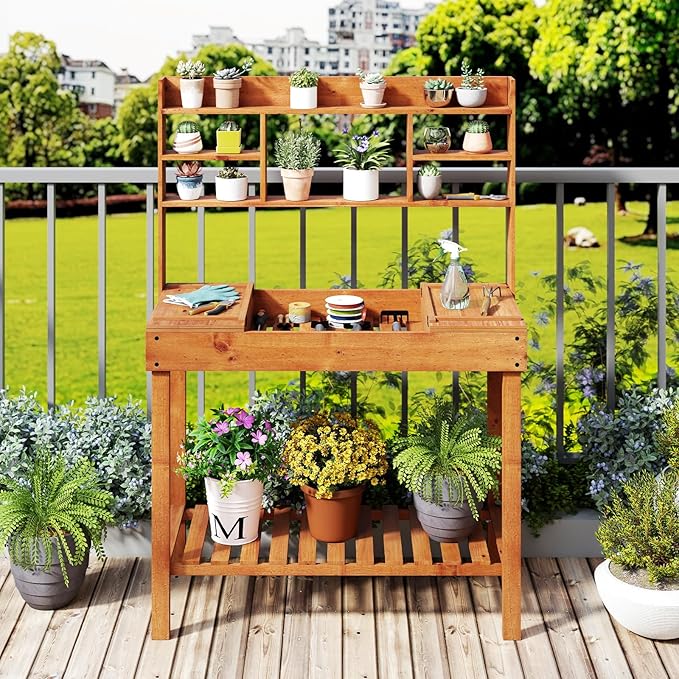 MAT EXPERT Potting Bench Table, Garden Table with Open Shelves, Flip-Up Table, Display Rack, Side Hooks, Wooden Plant Bench, Garden Storage, Outdoor Workbench for Garden, Patio, Yard (Brwon)