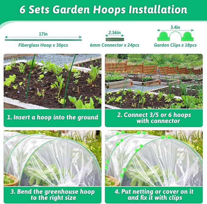 30 Pcs Garden Hoops for Raised Beds, 6mm Greenhouse Hoops Grow Tunnel Fiberglass Hoop House Kit, 6 Sets Plant Support Garden Stakes Hoops Frame for Netting Shade Cloth Row Cover Garden Supplies