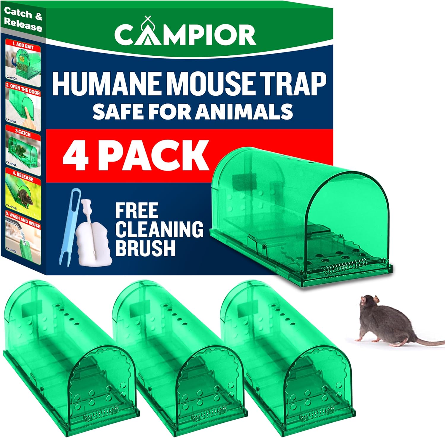 Humane Mouse Trap for House – Large, No-Kill Mouse Traps Indoor for Home, Catch-and-Release Rat and Mouse Trap, Child & Pet Safe, Easy to Clean, No-Touch Release, Pack of 6, Blue