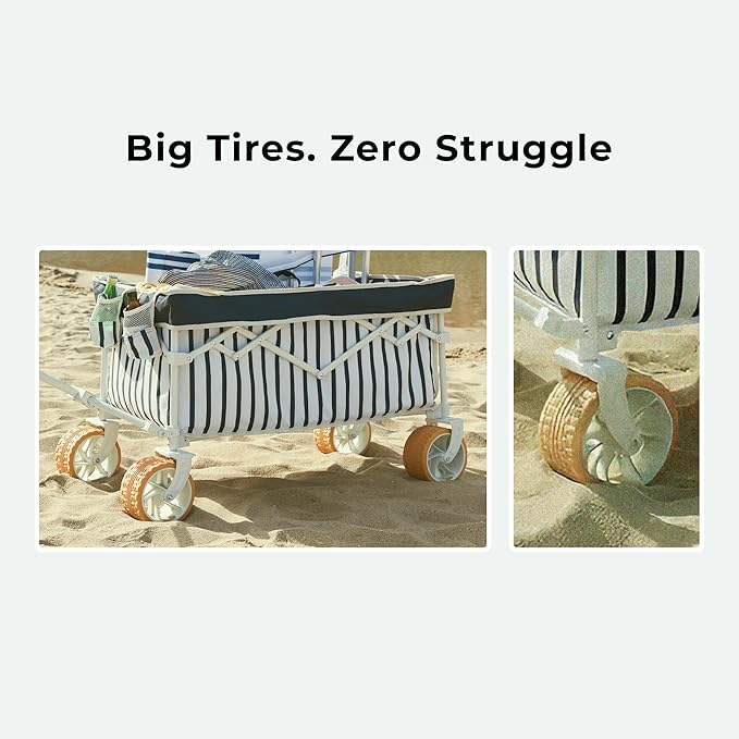 Beach Wagon Cart with Big 6.7" Fat Tires, Foldable Sand Wagon for Beach, Camping & Outdoor Use – Large Capacity, Easy Pull Design, Heritage Navy Stripe