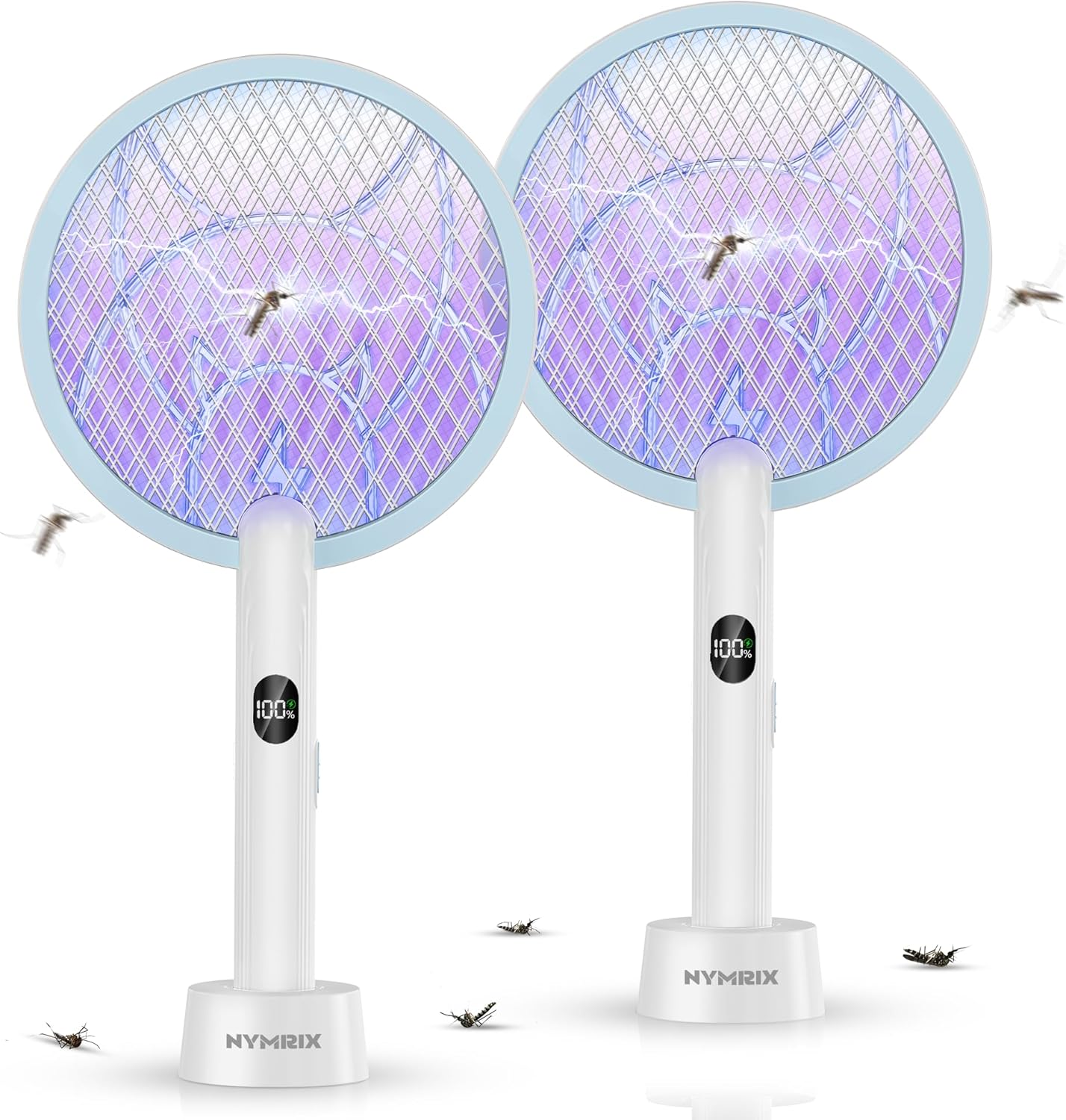 Electric Fly Swatter Racket, 2 in 1 Mosquito Bug Zapper 4100V Handheld Mosquito Killer with 1800 mAh Rechargeable Battery, Purple Light and 3-Layer Safety Mesh for Indoor Outdoor Blue