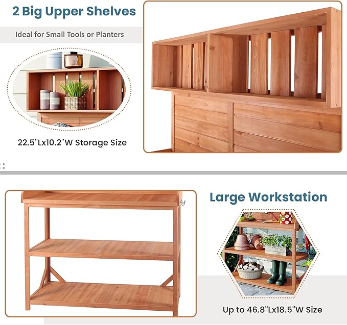 65" Large Wooden Farmhouse Rustic Outdoor Potting Bench Table, Patio Workstation, Garden with 4 Storage Shelves and Side Hook,Natural
