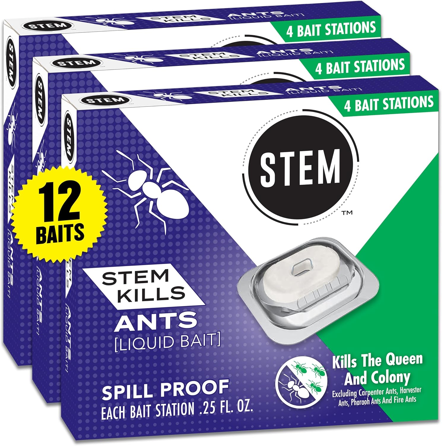 STEM Liquid Ant Baits, Kills The Queen and Colony, for Indoor Use, 12 Spill Proof Bait Stations