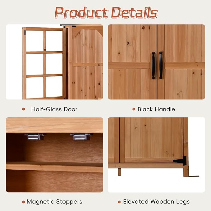Outdoor Garden Storage Shed with Waterproof Roof, Farmhouse Potting Bench Table with 3 Doors Cabinets, 7 Storage Shelves, 2 Drawers, and 6 Hooks,Natural