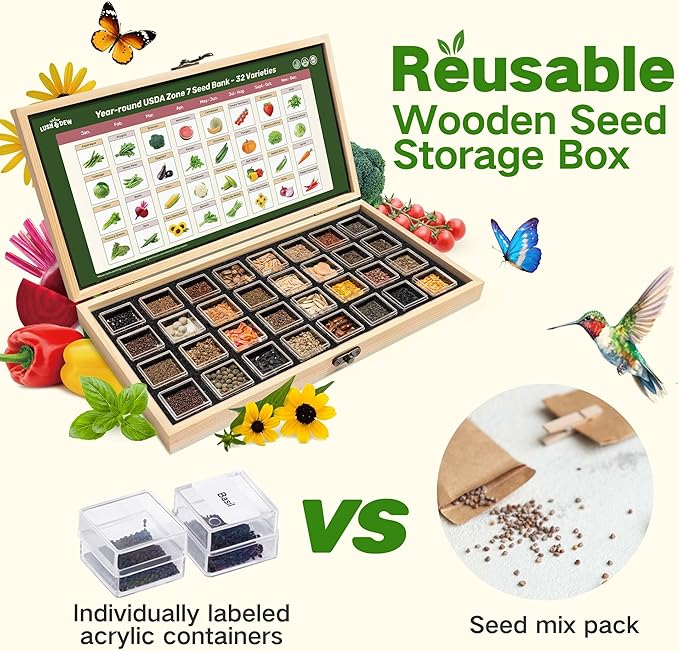 Lush&Dew Year-Round USDA Zone 7 Seed Bank, Gift for Mom Dad, 32 Varieties Non-GMO Heirloom Seeds of Vegetables Flowers, Gardening Gifts for Women Men, Survival Kit for Raised Garden Bed Greenhouse