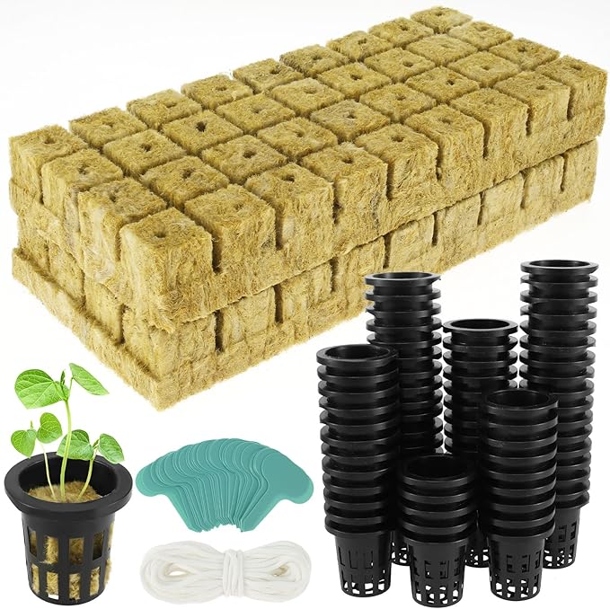 1.5inch Hydroponics Cubes, 72 Set Cubes with 72 Net Cups 30 Label, Good Absorption Hydroponics Mesh Net Cup Kit for Hydroponics Soilless Cultivation Seedlings Cuttings Clone Plants