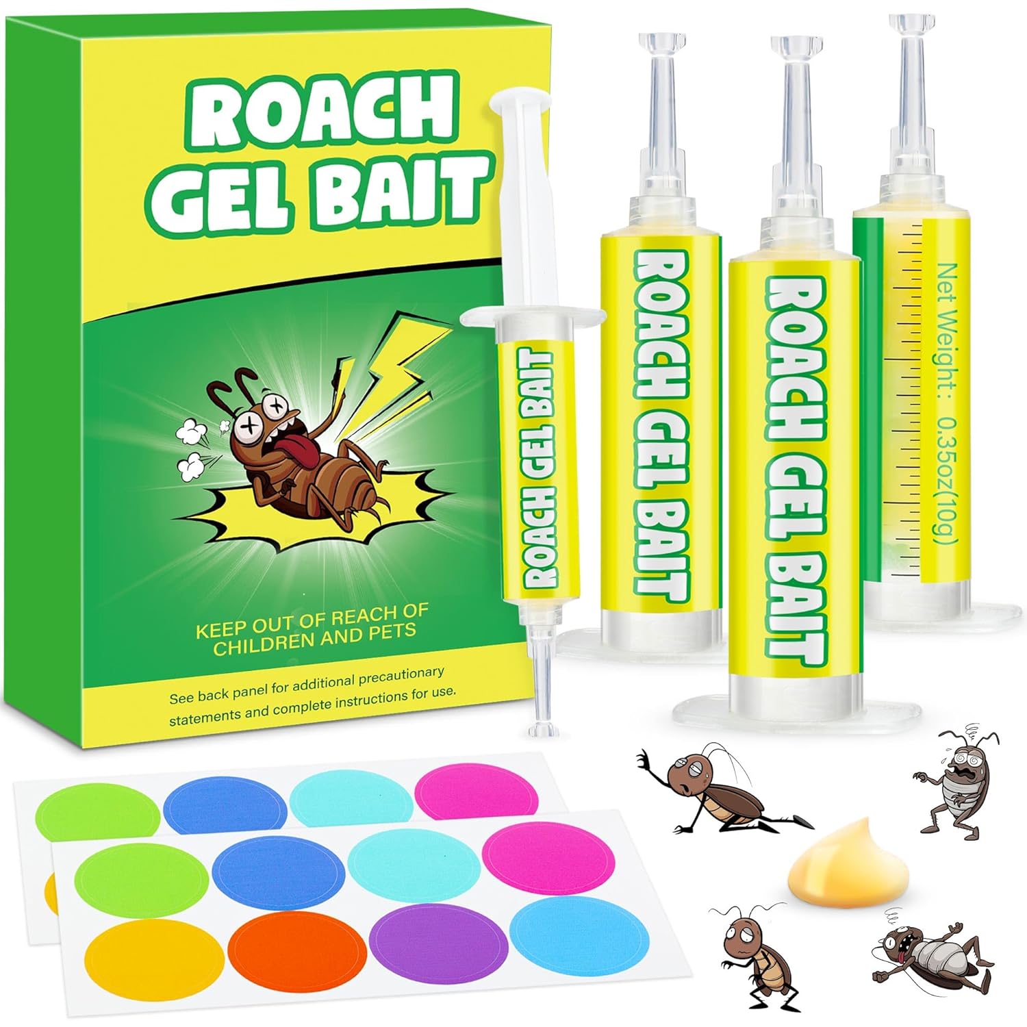 12 Pack Roach Gel Bait for Indoor Use - Cockroach Killer Gel with Easy Placement Stickers, Long-Lasting Mess-Free Formula for Kitchen, Bathroom, Basement & Hidden Areas Pest Control
