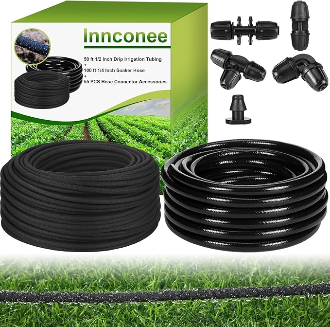 100 ft 1/4 Inch Soaker Hose 50 ft 1/2 Inch Drip Irrigation Tubing with Hose Connector Accessories Drip Irrigation System for Watering Garden Planters Flower Vegetable Lawn Yard