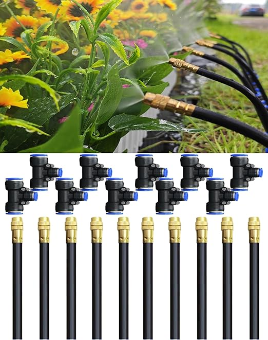 20-Piece Drip Irrigation Fitting Kit，10-Pack Misting Nozzles & 10-Pack 12-8mm Tee for Drip Irrigation – 360° Adjustable Fog Sprayers with Push-to-Connect Leak-Proof Fittings