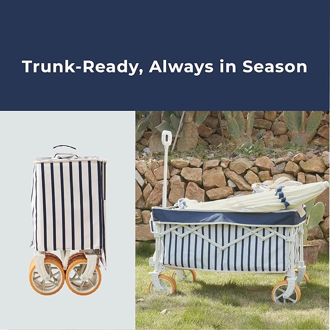 Beach Wagon Cart with Big 6.7" Fat Tires, Foldable Sand Wagon for Beach, Camping & Outdoor Use – Large Capacity, Easy Pull Design, Heritage Navy Stripe