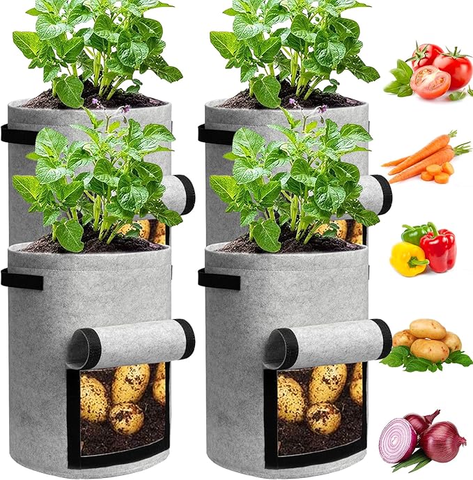 JJGoo 4 Pack Potato Grow Bags 10 Gallon with Flap, Heavy Duty Fabric Grow Bags with Handle and Harvest Window, Non-Woven Planter Pot Plant Garden Bags to Grow Vegetables Potato Tomato, Grey