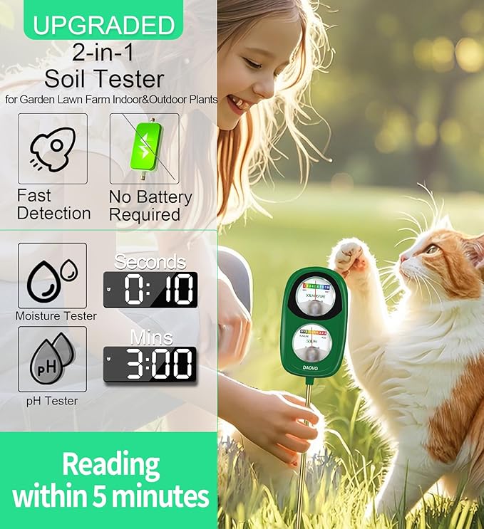 2-in-1 Moisture Meter for Plants, Soil Moisture Meter & PH Meter, Large Dual-Screen Soil Test Kit for Indoor/Outdoor Garden, Lawn, and Farm Use, No Battery Needed, Leaf Green