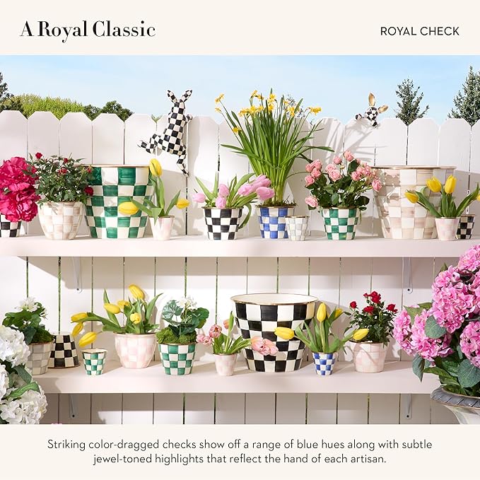 MACKENZIE-CHILDS Enamel Herb Pots, Small Plant Pots for Herbs or Flowers, Set of 3, Blue-and-White Royal Check