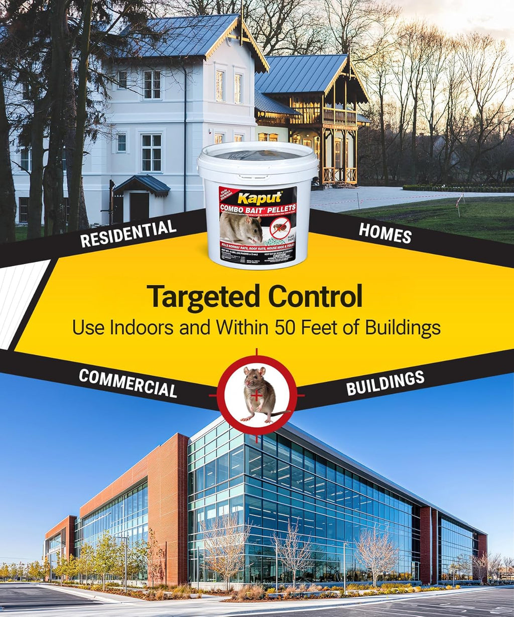 Kaput Combo Bait Pellets, Rat Bait to Kill Rodents & Fleas, Norway, House Mice, & Pine Voles - Includes Warfarin & Imidacloprid for Effective Pest Control (32 x 2oz Place Packs)