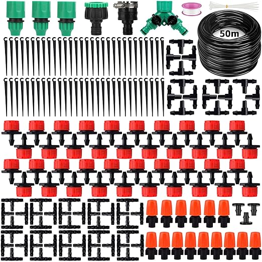 164FT Drip Irrigation System, 192Pcs Automatic Garden Watering System with Adjustable Misting Nozzle Sprinkler, 1/4 inch Blank Distribution Tubing Watering Drip Kit for Greenhouse, Patio, Lawn (164FT)