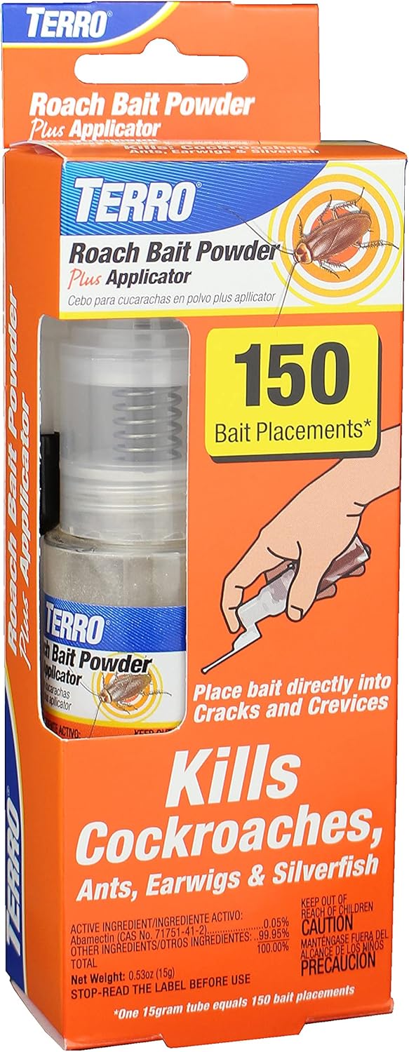 TERRO Roach Bait Powder Plus Applicator - Bait and Kill Cockroaches, Ants, Earwigs, Silverfish - 150 Placements per Tube - Easy, Precise Placement - T530, 0.53 oz Tube