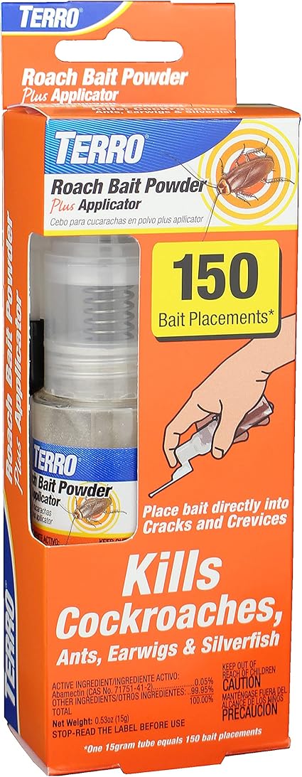 TERRO Roach Bait Powder Plus Applicator - Bait and Kill Cockroaches, Ants, Earwigs, Silverfish - 150 Placements per Tube - Easy, Precise Placement - T530, 0.53 oz Tube