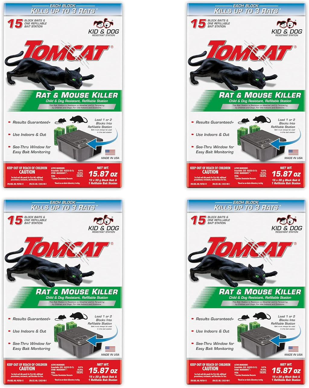Tomcat Rat & Mouse Killer, Child & Dog Resistant Refillable Station — Tamper-Resistant Indoor/Outdoor Bait Station with Clear Monitoring Window, 1 Station and 15 Bait Blocks