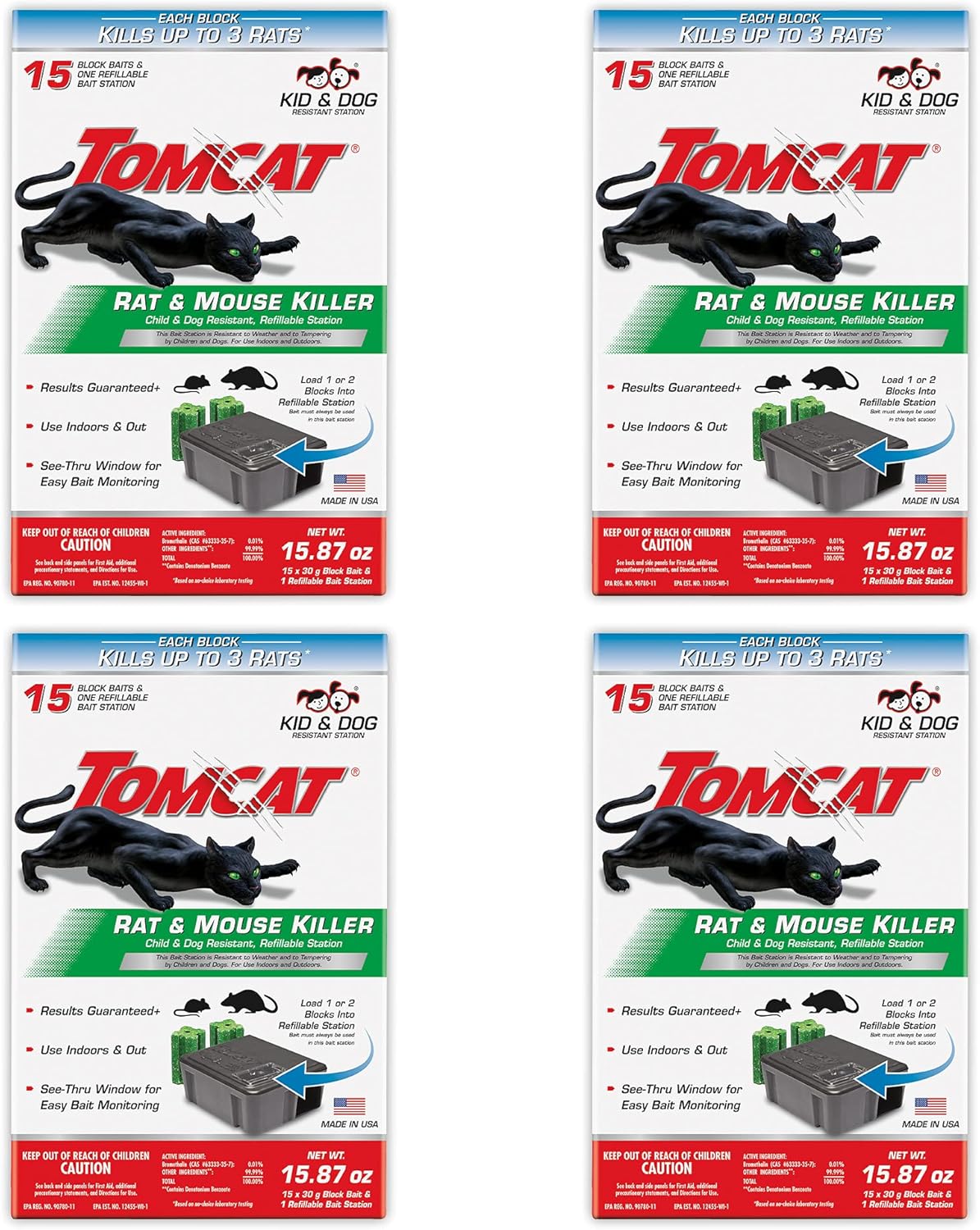 Tomcat Rat & Mouse Killer, Child & Dog Resistant Refillable Station — Tamper-Resistant Indoor/Outdoor Bait Station with Clear Monitoring Window, 1 Station and 15 Bait Blocks