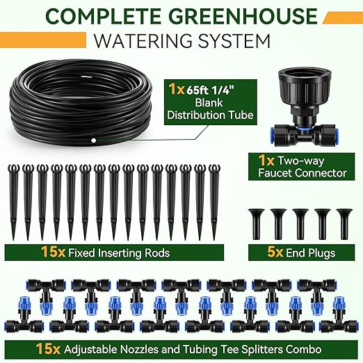 Meonum 65FT Greenhouse Watering System, Quick Connector Hanging Plant Watering System Automatic Mist Irrigation Kit with 1/4'' Blank Tubing, Two way Faucet Connector, Adjustable Misting Nozzle(1 Pack)