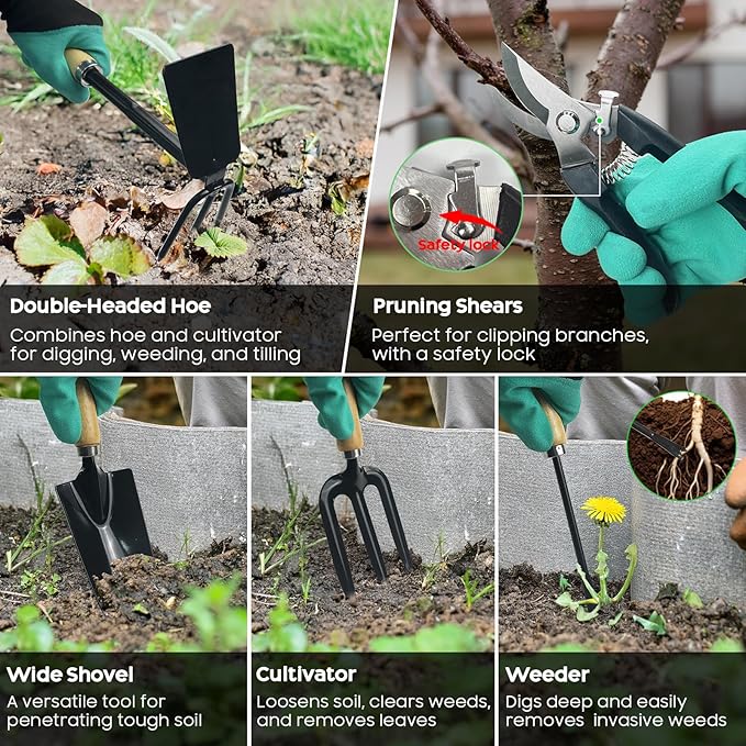 14PCS Garden Tool Set, Complete Garden Hand Tools with Extra 2 Grow Bags, 2 Grid Mats for Healthy Roots, Comfortable Kneeling Pad, 50 Waterproof Tags, Lockable Pruning Shear & Gardening Bag