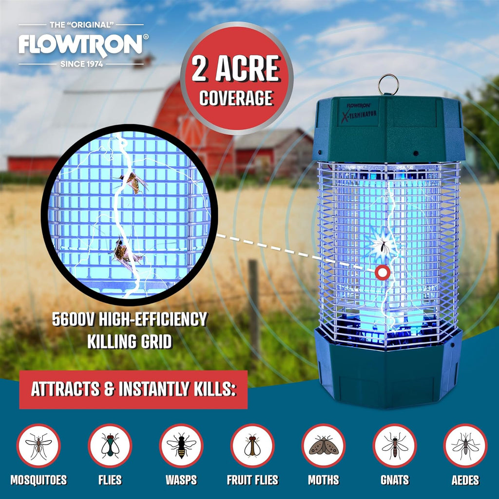 Flowtron Electric Bug Zapper 2 Acres Outdoor Insect Control with Dual Lure Method, 120W UV Light & Octenol Attractant for Fly & Mosquito, 5600V Kill Grid, Made in USA