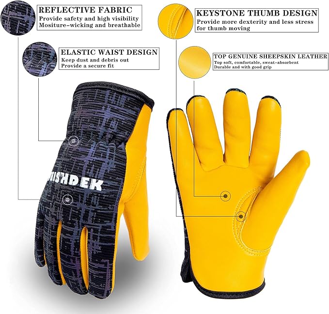 Kids Genuine Leather Work Gloves, Kids Gardening Work Gloves, Safety Glove, Reflective, Breathable Design, Perfect for Children Gardening, Yard Work, Outdoor (Large, Black, 6-7 Years Old)