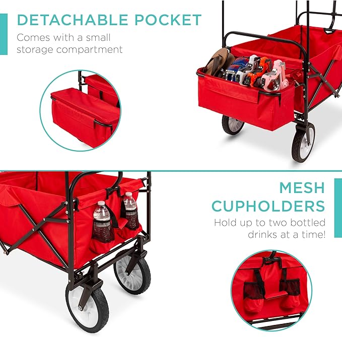 Best Choice Products Collapsible Folding Outdoor Utility Wagon with Canopy Garden Cart for Beach, Picnic, Camping, Tailgates w/Removable Canopy, Detachable Pockets, 150lb Weight Capacity - Red