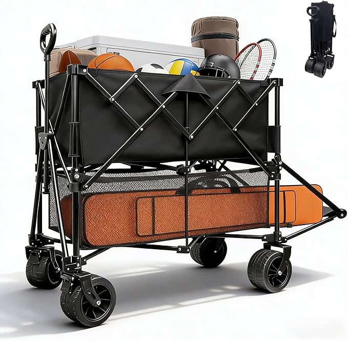400L Large Capacity Double Decker Wagon Collapsible Wagon with Tailgate 55'' Extra Long, Foldable 450lbs Heavy Duty Beach Cart with All-Terrain Big Wheels,Utility Carts, Sports,Outdoor,Shoping Cart