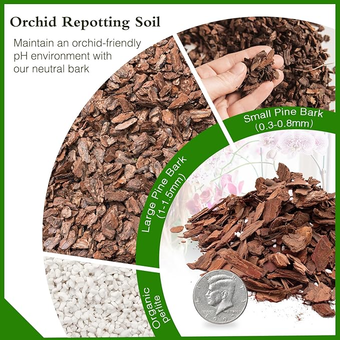 Orchid Bark Potting Mix,Premium Orchid Potting Mixture of Pine Bark and Perlite,Good Ventilation and Water Retention for Repotting Orchids and Growing Indoor Plants,2QT