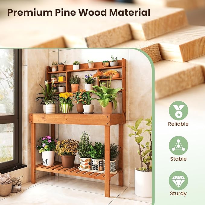 MAT EXPERT Potting Bench Table, Garden Table with Open Shelves, Flip-Up Table, Display Rack, Side Hooks, Wooden Plant Bench, Garden Storage, Outdoor Workbench for Garden, Patio, Yard (Brwon)