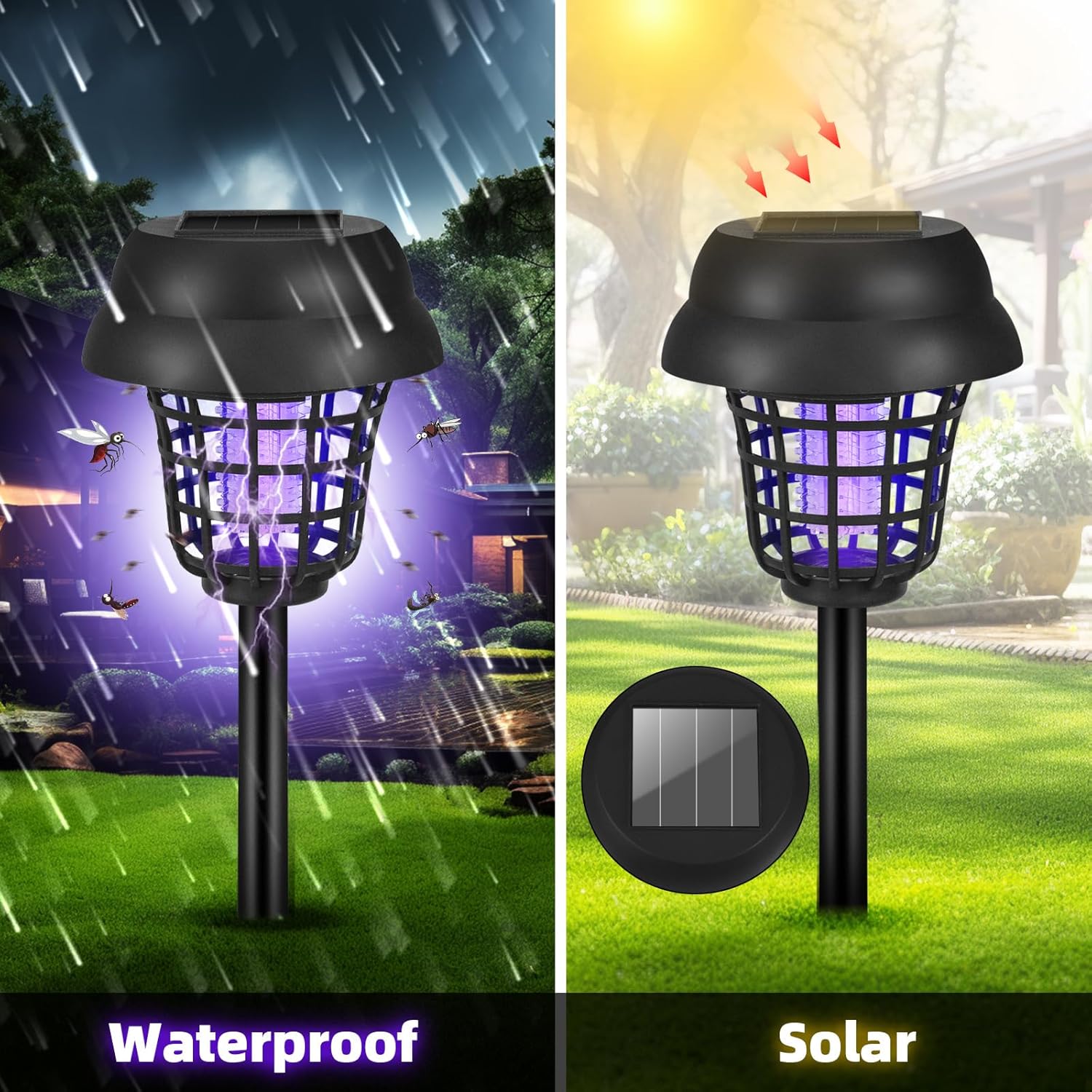 Solar Bug Zapper Outdoor Waterproof Solar Powered Mosquito Zapper Repellent Outdoor Patio, Cordless Fly Insect Zappers for Garden Yard Backyard Pathway Gnat Bug Lamp for Outside, Black,4 Pack