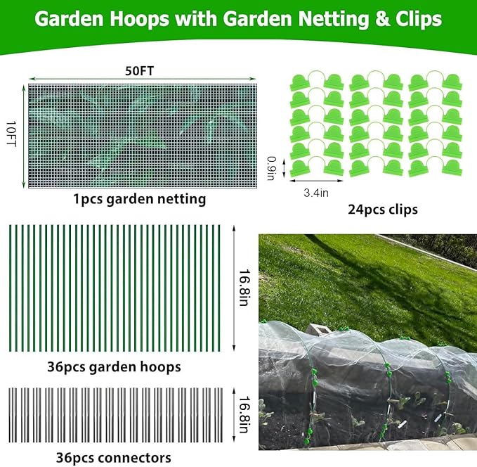 Garden Hoops and Netting for Raised Beds, Fiberglass Greenhouse Hoops Grow Tunnel with 10x50ft Ultra Fine Mesh Netting Kit Pest Barrier for Garden Protection, Deer Bird Insect Bug Gardening Plant Net
