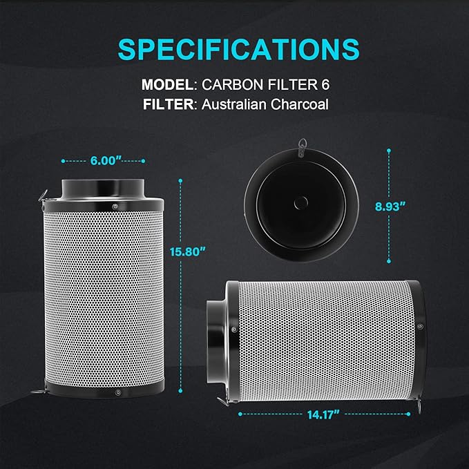 iPower 6 Inch Air Carbon Filter Odor Control with Australia Virgin Premium Charcoal and Reversible Flange for Inline Duct Fan/Grow Tent/Hydroponics, 6", Prefilter Included, Black