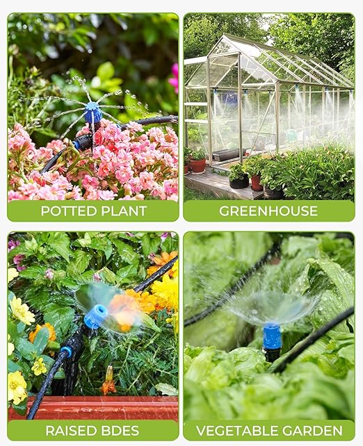 HIRALIY 128FT Drip Irrigation System, Quick Connector Garden Watering Automatic Sprinkler Kit for Lawn Raised Bed Greenhouse Misting System with 3 Kinds Dripper, Adjustable Nozzle