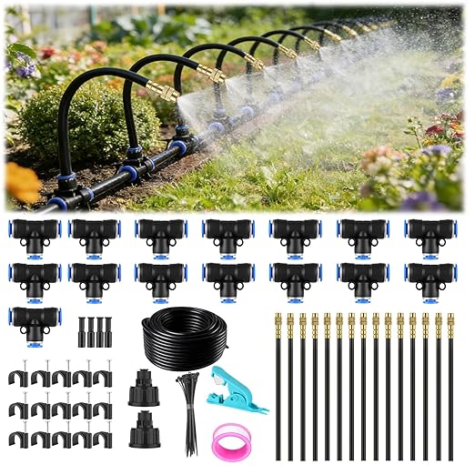Drip Irrigation System 50FT, 1/4 inch Hose Garden Irrigation Kit with 15pcs 360° Adjustable Copper Nozzles, Upgrade Atomizing Watering System for Yard, Plants, Lawn, Greenhouses Accessories
