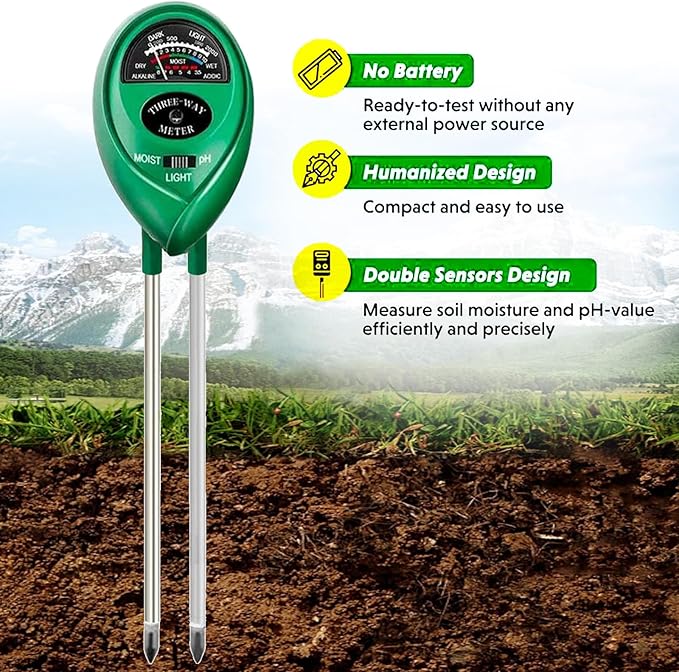 Soil Tester for Garden, Soil pH Meter 3-in-1 Soil Test Meter for Moisture/Lighting/pH, Soil Moisture Meter for Potting Soil, Farm, Lawn, No Battery Required