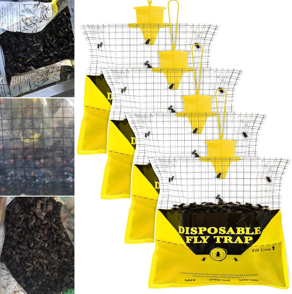 Glovv Fly Traps Outdoor Hanging with Bait, 6 Pack Disposable Flies Bags Hunter Ranch Trap, Control Bug Catcher Killer Repellent for Stable Horse Barn & Farm