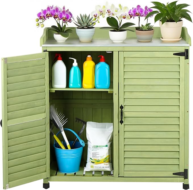 Green Outdoor Potting Bench with Metal Work Top & Vented Louvered Doors,Waterproof Garden Storage Cabinet,Wooden Tool Station Shed for Backyard,Patio,Lawn Gardening