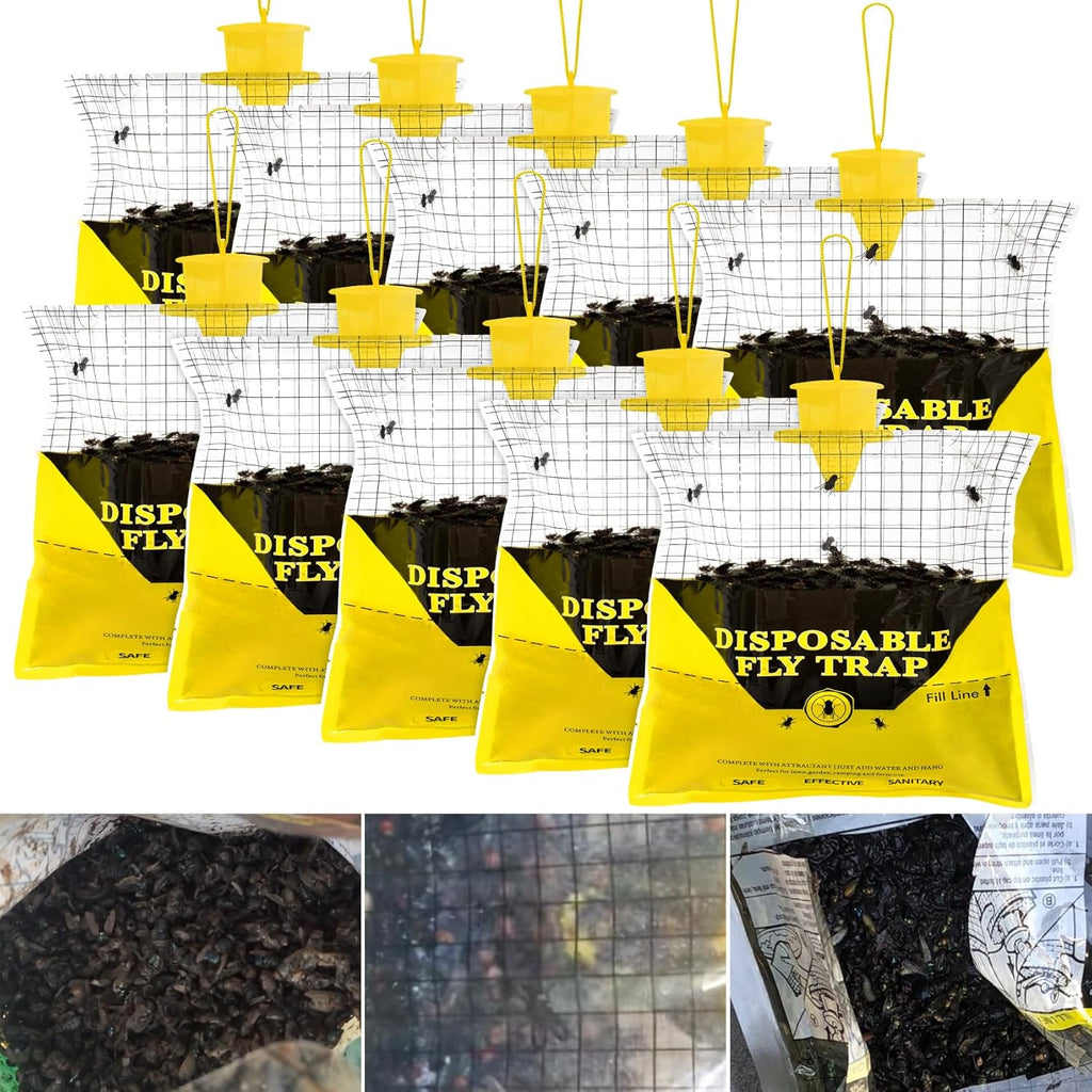 Glovv Fly Traps Outdoor Hanging with Bait, 6 Pack Disposable Flies Bags Hunter Ranch Trap, Control Bug Catcher Killer Repellent for Stable Horse Barn & Farm