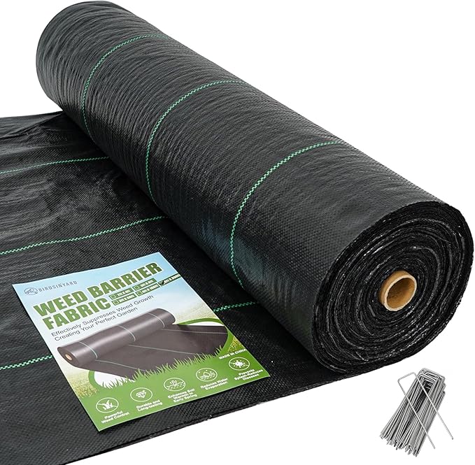 6ftx300ft Weed Barrier Landscape Fabric - 3.2oz Premium Heavy Duty Weed Block Ground Cover Mat with 90 U-Shaped Securing Pegs | Woven Geotextile Fabric for Weed Control Garden Cloth