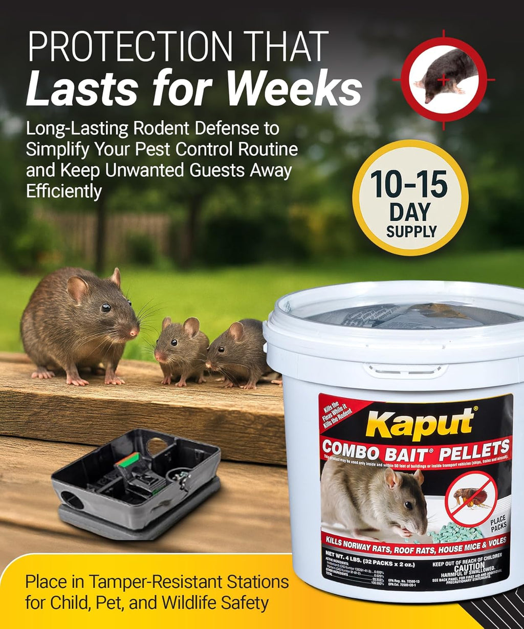 Kaput Combo Bait Pellets, Rat Bait to Kill Rodents & Fleas, Norway, House Mice, & Pine Voles - Includes Warfarin & Imidacloprid for Effective Pest Control (32 x 2oz Place Packs)