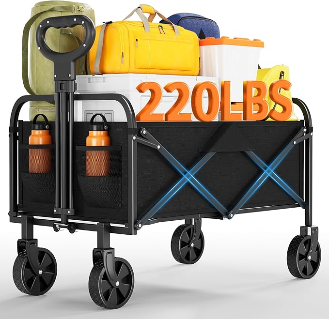 Wagons Carts Foldable, Garvee Utility Collapsible Wagon with All-Terrain Wheels, Drink Holders & Adjustable Handle, 220 LBS Portable Grocery Wagon for Shopping, Camping, Garden -Black